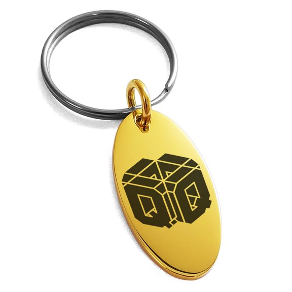 Stainless Steel Letter Q Initial 3D Cube Box Monogram Engraved Small Oval Charm Keychain Keyring