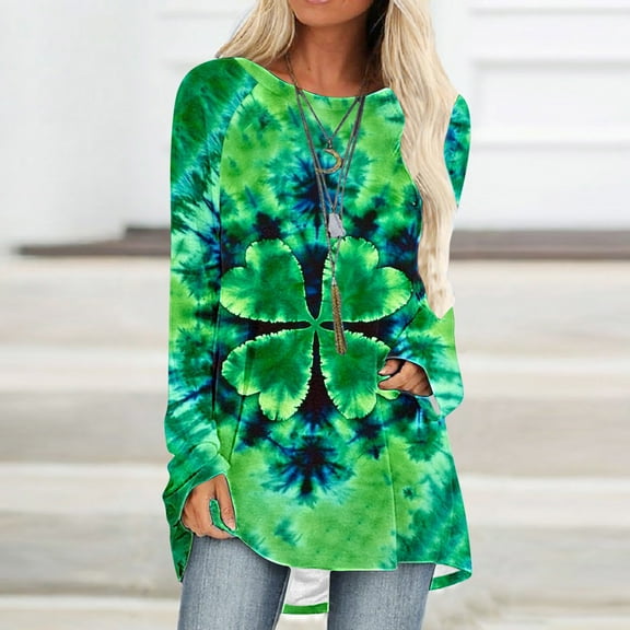 VgaVtl St Patricks Day Shirt Woman Long Sleeve Women T Shirt Loose Tie-Dye Casual Everyday Shamrock Tops,Green XL