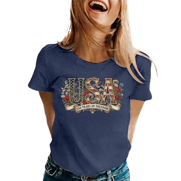 Puliio 250th Anniversary USA Tee Women's USA 250 Years of Freedom Floral American Flag Graphic Patriotic T-Shirt Crewneck 4th of July Tshirt