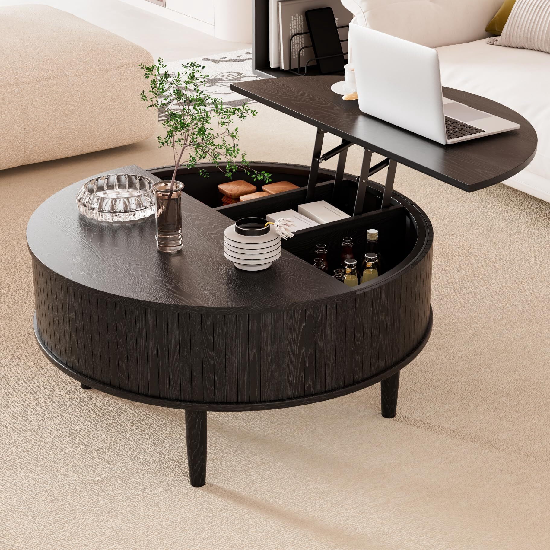 Fsbecl Mid-Century Fluted Wood Coffee Table with Storage, Black