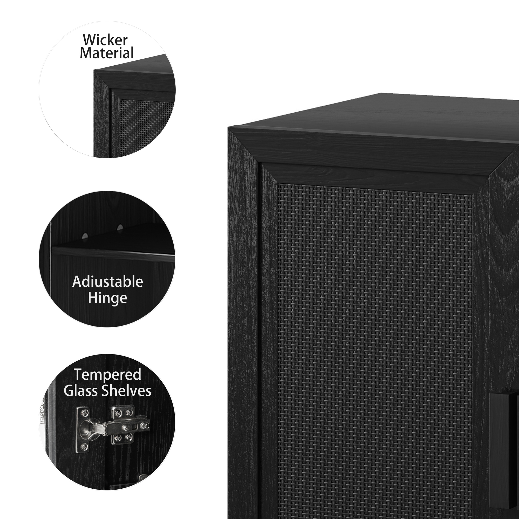 MAYEERTY 36"×31"×16" Black Wood-Grain Storage Cabinet - Rattan Woven Doors, Spacious for Living Room