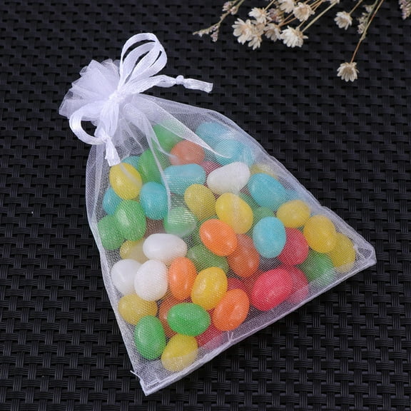 KALLORY 50Pcs White Organza Party Favor Bags with Drawstring Closure for Jewelry Candy