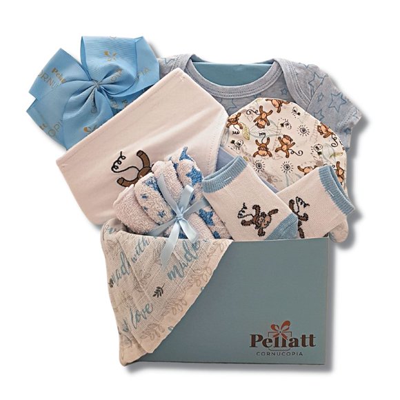 A Little Love Baby Boy Gift Basket with Cotton Onesie, Swaddling Blanket, Hat, Socks, Non-Scratch Mittens and Washclothes