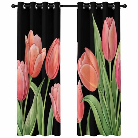 Tulip Blackout Curtains 84 Inches Long Rustic Watercolor Pink Tulip Spring Floral Leaves Black Thermal Insulated Room Darkening Drapes with Grommets for Living Room 52 W x 84 L 2 Panels