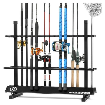 HeSLehs Fishing Rod Rack Holder Organizer Lightweight Aluminum Vertical Fish Pole Garage Storage Ground Display Stand Hold Up to 36 Slots Salt Water Spinning Rods & Reel Combo Black