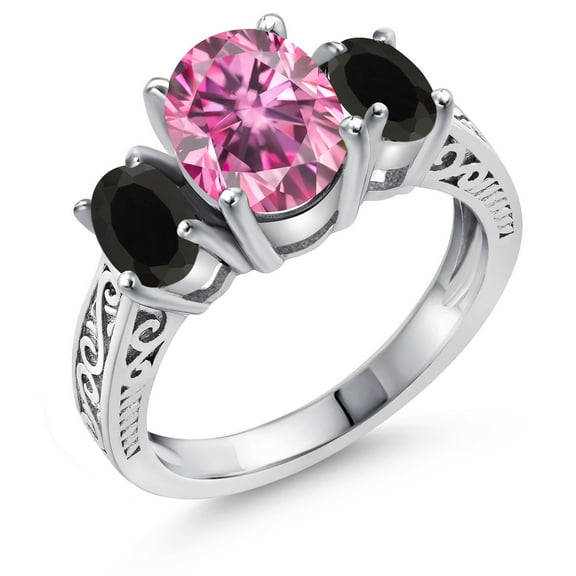 Gem Stone King 925 Sterling Silver 3-Stone Ring Oval Pink Moissanite and Onyx Black (2.80 Cttw, Size 9)