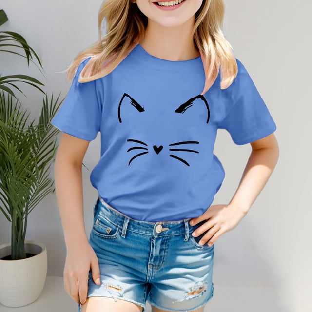 BYHONG T-Shirt à Manches Courtes Imprimé Chat pour Garçons et Filles Vêtements Décontractés Col Rond Tunique Bleu 110