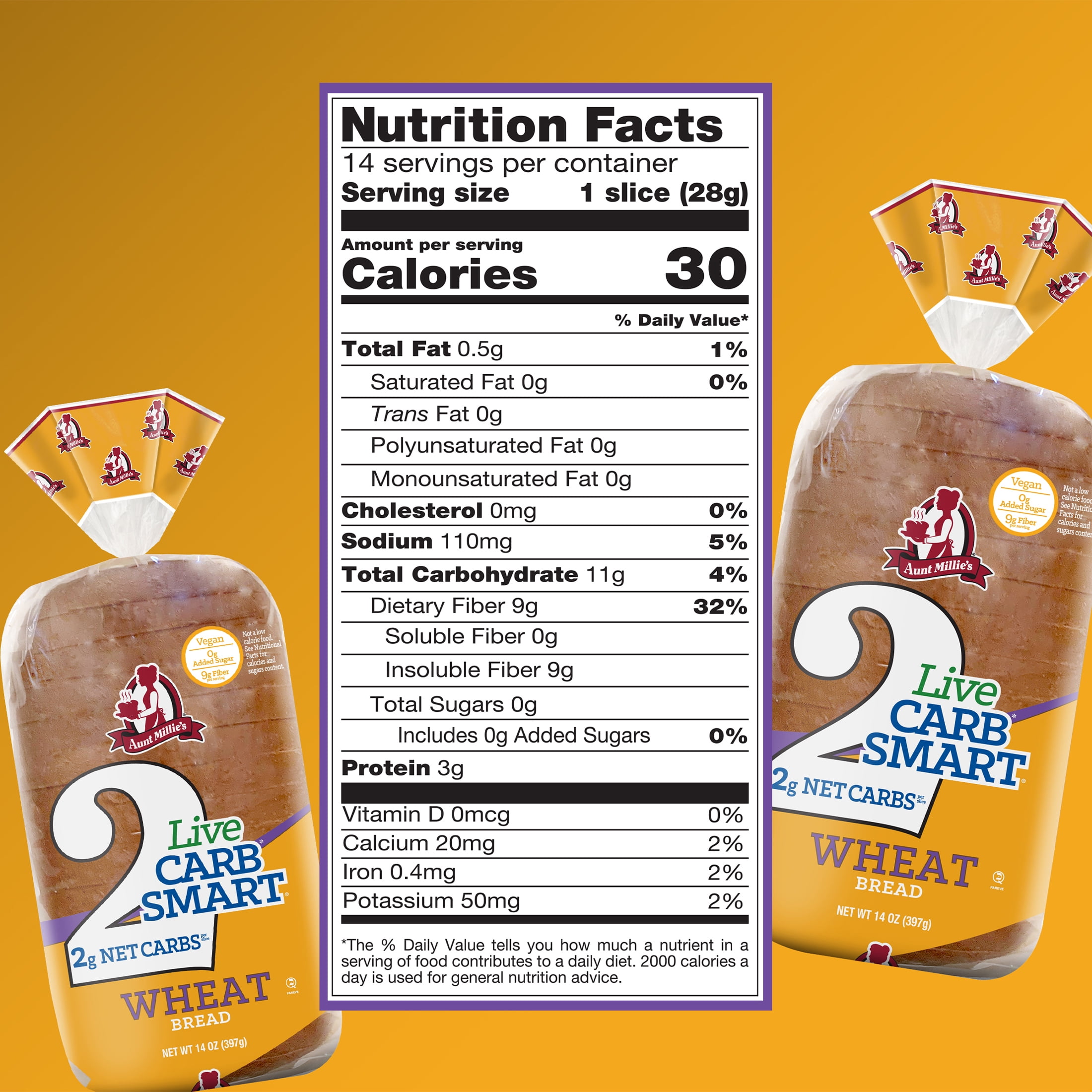 Aunt Millie's Live Carb Smart Wheat Bread Loaf, 14 oz, 14 ct