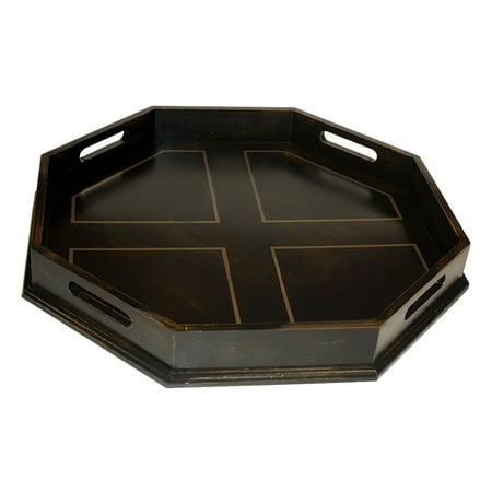 

Mountain Woods Antique Black Octagon Ottoman Wooden Serving Tray w/ Handles - 22