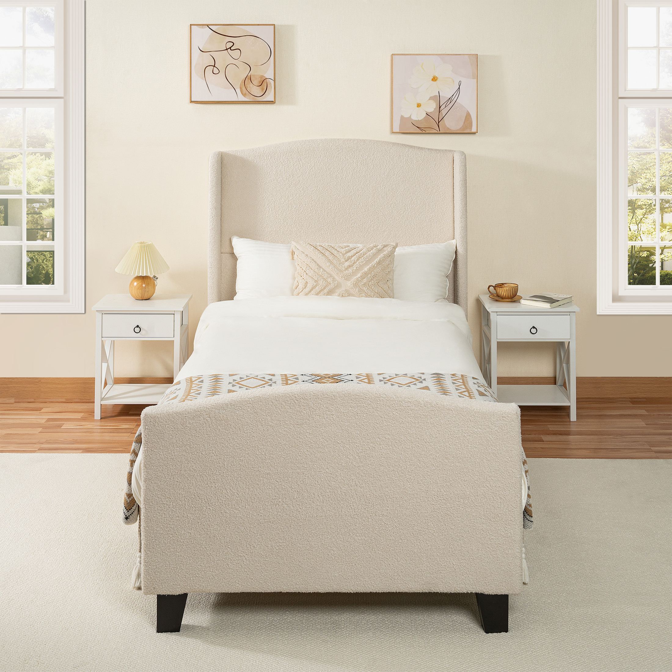 Noble House Diane Twin Size Upholstered Bed Frame, Teddy Velvet Headboard with Solid Wood Legs, Minimal Design, White