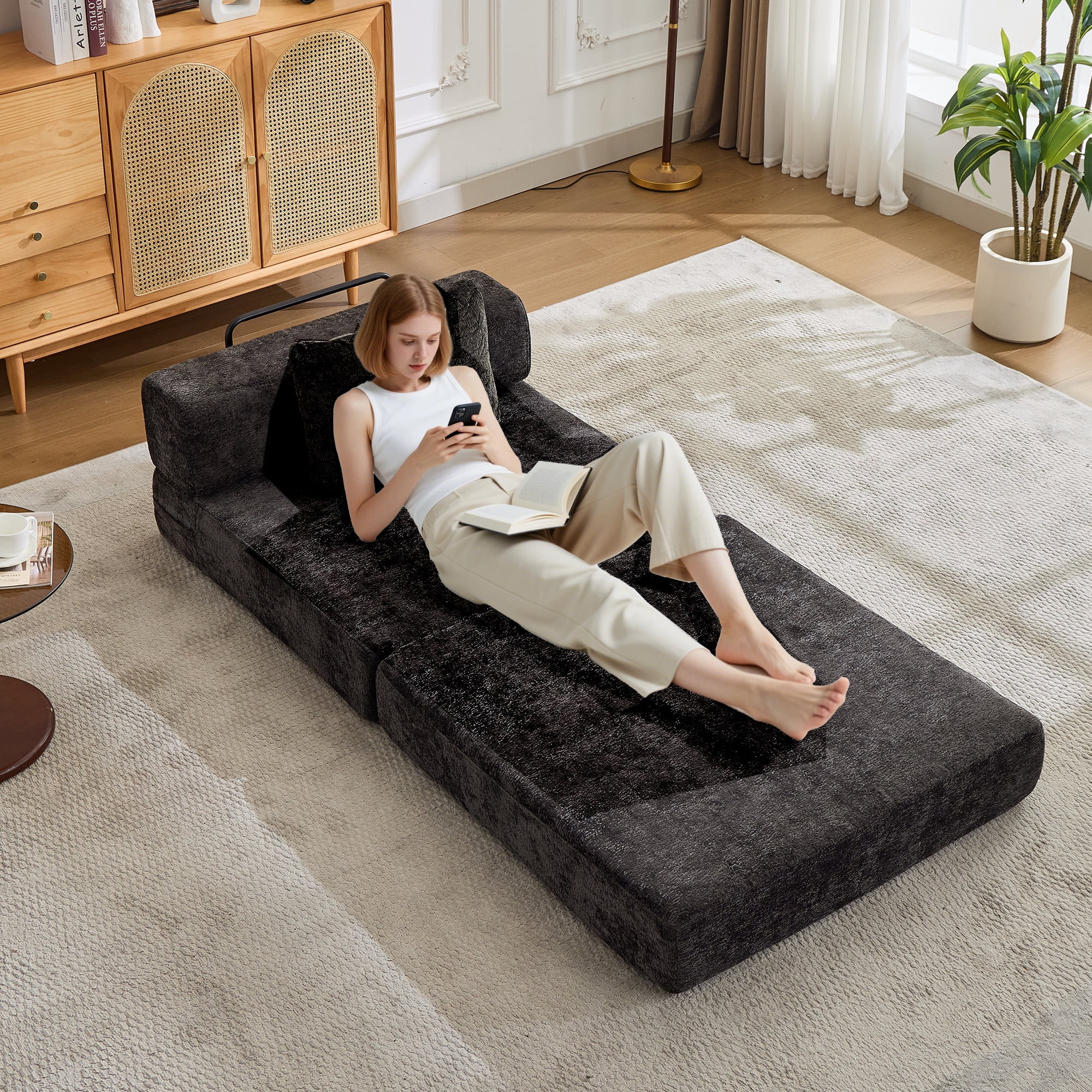 Miniyam Folding Sofa Bed, Convertible Sleeper Chair with Pillow Foldable Mattress with Back Support, Black