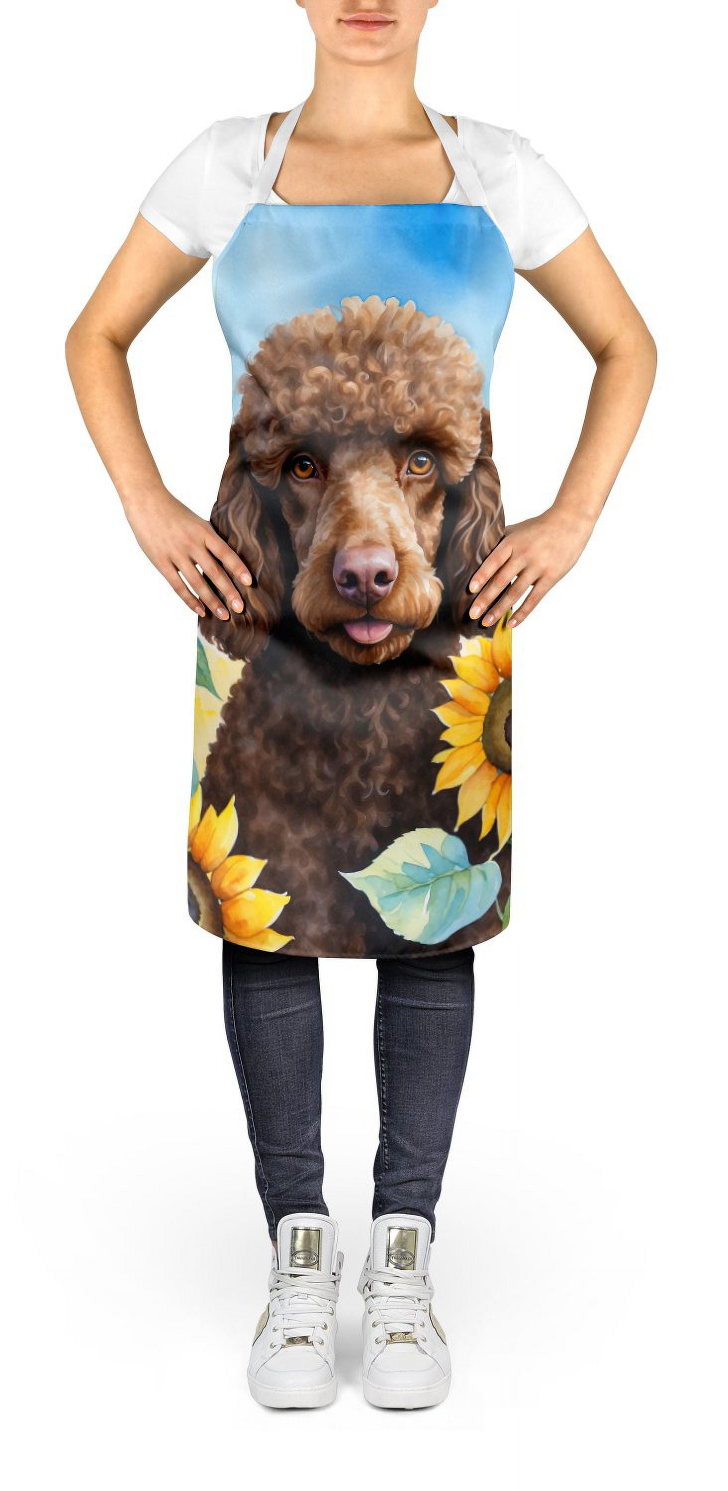 Chocolate Poodle in Sunflowers Apron 27 in x 30 in