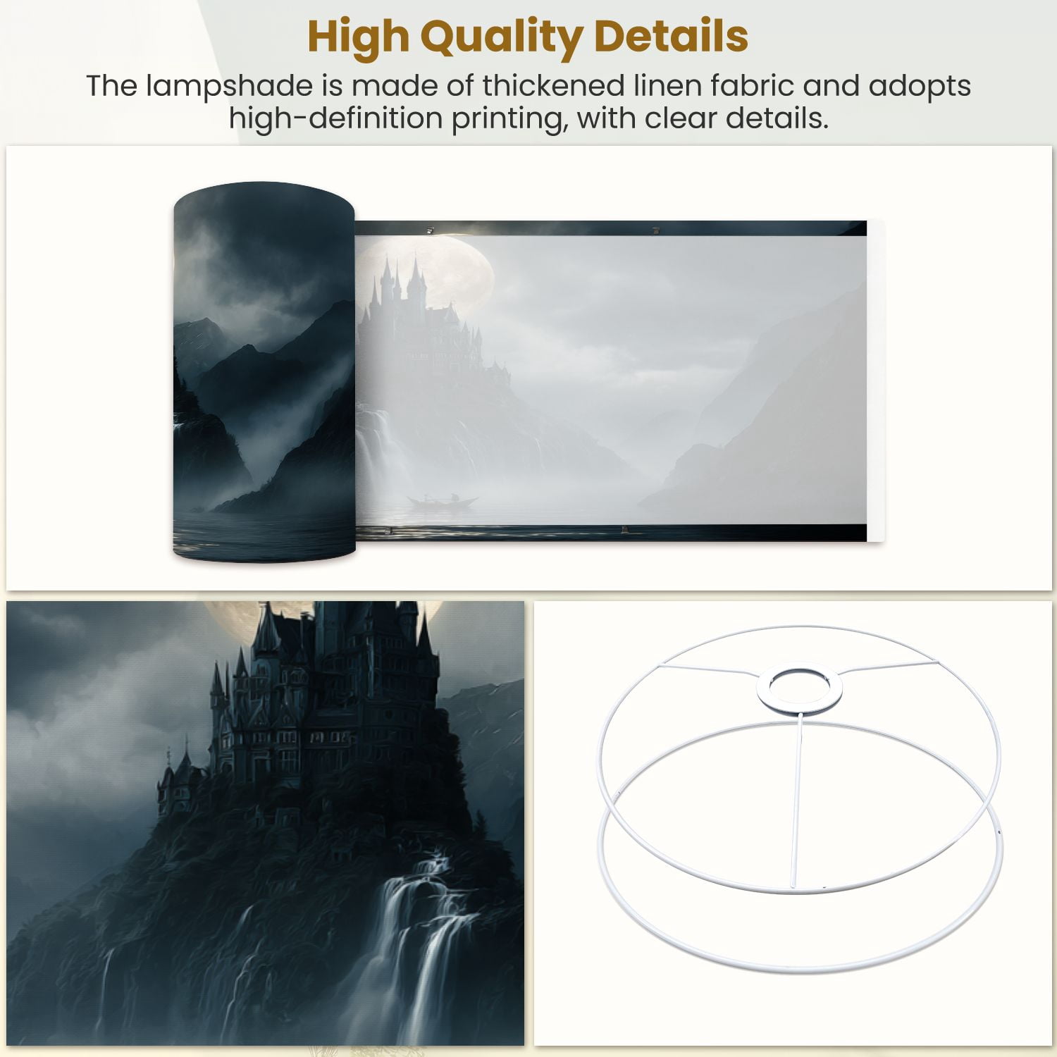 Gothic Linen Drum Lampshades Mystical Castle Rocky Island Moonlight Dark Clouds Waterfalls 13"x13"x10" Light Shade for Table Lamps Floor Lamp Shades Lampshade Replacement Assembly Required