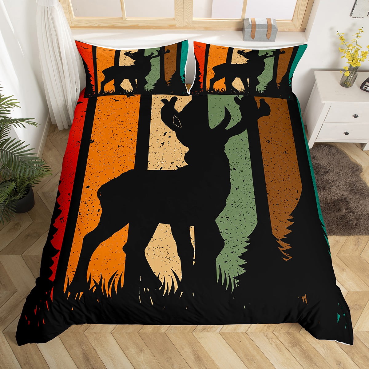 Deer Hunting Bedding Set Jungle Reindeer Comforter Cover for Men Women