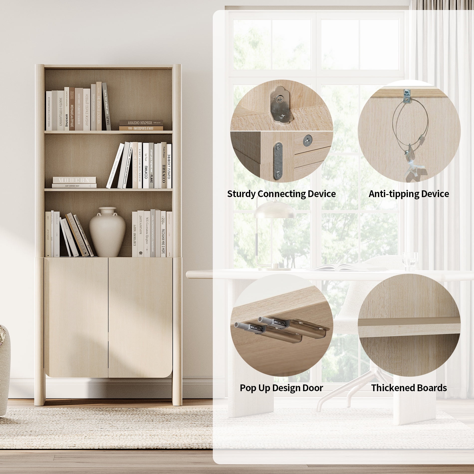 63-Inch Modern French Bookcase with Curved Edges, Doors and Open Shelves, 72.8" Tall, Beige