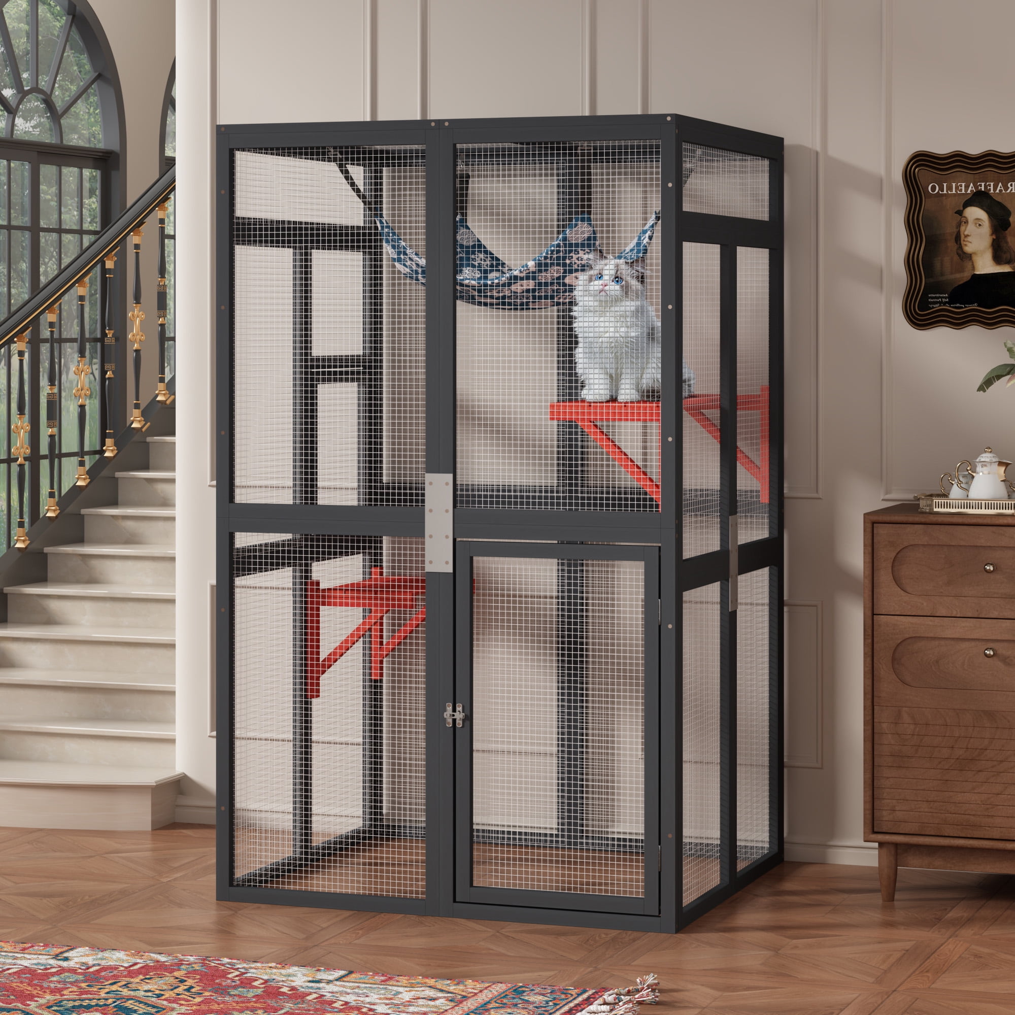 COZIWOW 64" Catio Outdoor Cat Enclosure Window Access with 3 platforms & hammock, Waterproof Roof Wooden Cat House Cage Indoor, Black