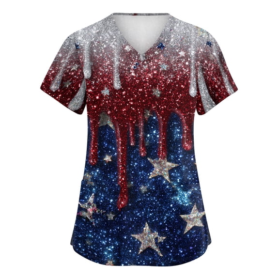 4th of July Scrub Tops for Women Casual V Neck American Flag Print Scrub Shirts Short Sleeve Independence Day Patriotic Scrubs Medical Nurse Workwear Nursing Uniform with Pockets Multicolor S