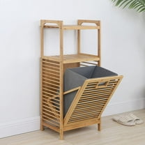 FETCOI Bamboo Laundry Hamper Cabinet Organizer,Storage Shelf Cabinet Laundry Basket Dirty Clothes Bag,2-Layer Clothes Storage Basket for Laundry Room Bathroom