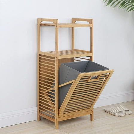 FETCOI Bamboo Laundry Hamper Cabinet Organizer,Storage Shelf Cabinet Laundry Basket Dirty Clothes Bag,2-Layer Clothes Storage Basket for Laundry Room Bathroom