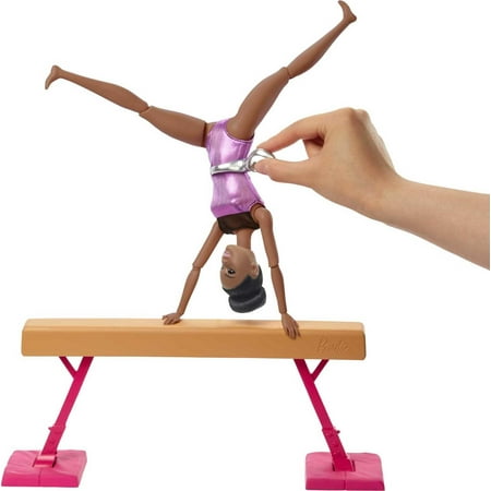 Barbie Gymnastics Playset with Brunette Doll & 15+ Accessories, Includes Twirling Gymnast Toy & Balance Beam