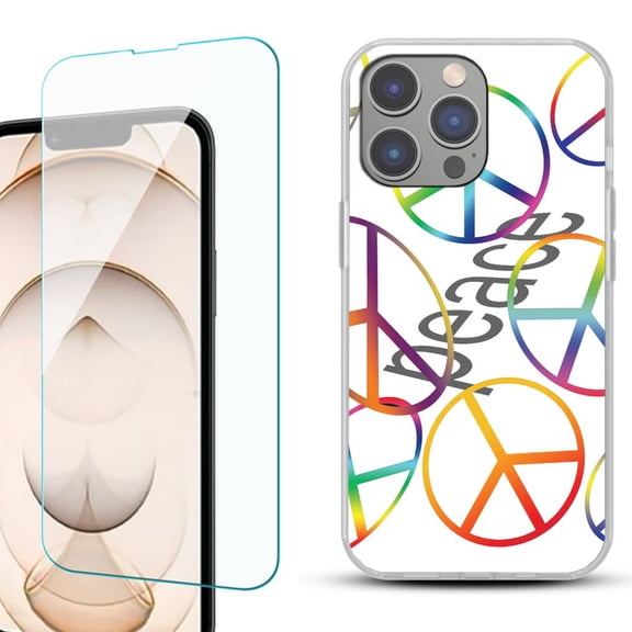 Slim-Fit Gel TPU Phone Case for iPhone 14 Pro, with Tempered Glass Screen Protector, by OneToughShield ® - Colorful Peace