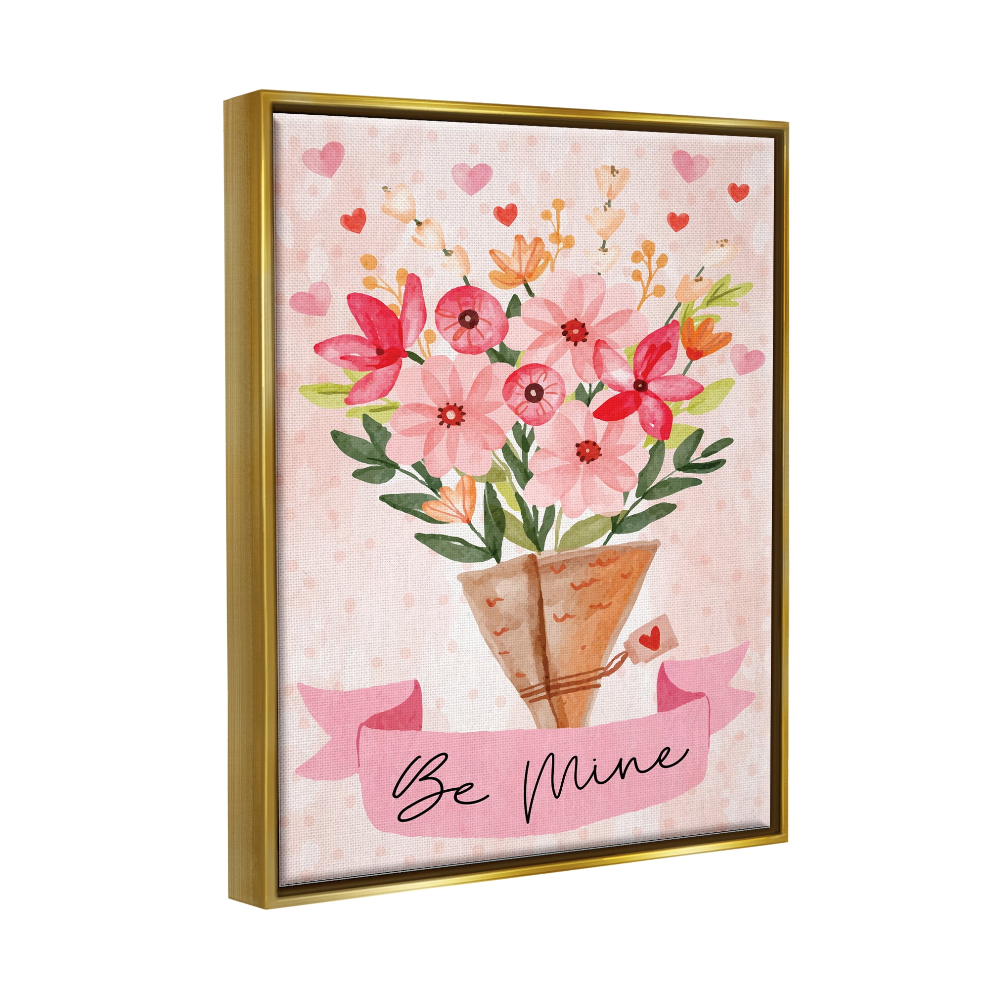 Stupell Be Mine Romantic Valentine's Bouquet Holiday Painting Gold Floater Framed Art Print Wall Art