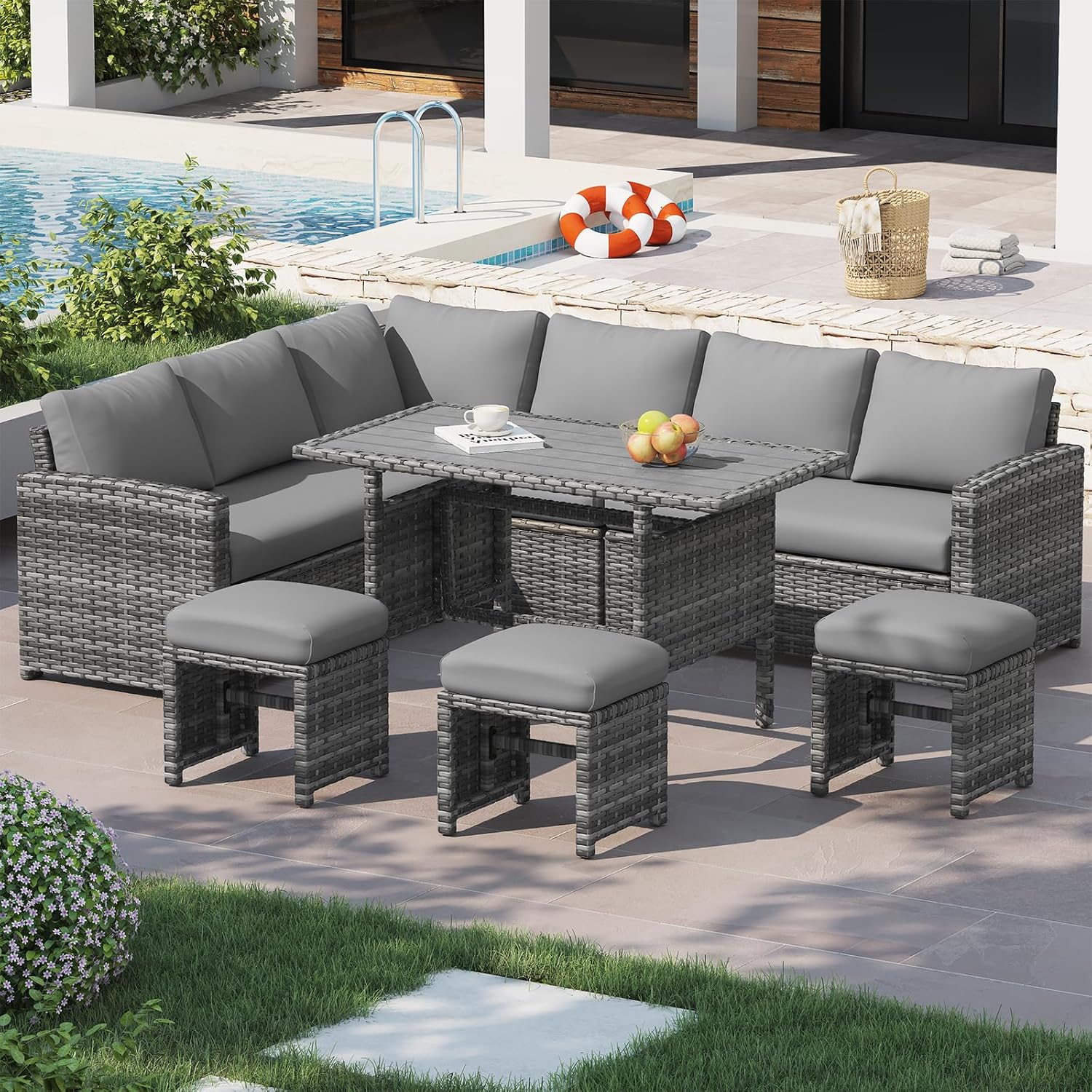 AECOJOY Outdoor 7-Piece Rattan Wicker Sectional Sofa Couch, Patio Dining Conversation Set, Gray