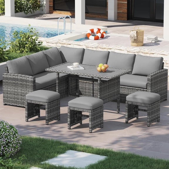 AECOJOY Outdoor 7-Piece Rattan Wicker Sectional Sofa Couch, Patio Dining Conversation Set, Gray