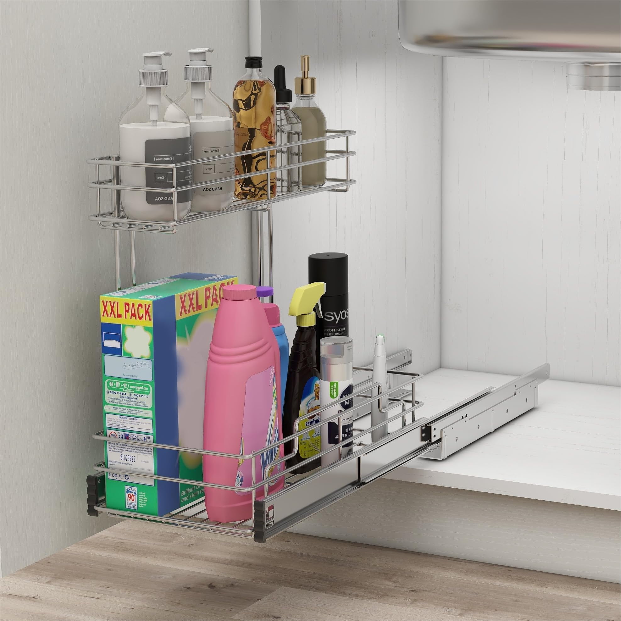 STORKING Under Sink 2-Tier Pull-Out Organizer, 9"W x 17"D Chrome Plated, for Kitchen Bathroom Pantry Closet Rack, 2 Pack