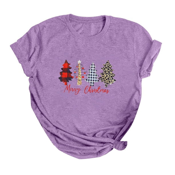 Gibobby Camisas de Navidad para mujer Camiseta de Navidad para mujer, camisetas gráficas divertidas, camisetas informales de manga corta para fiesta(Morado,XG)