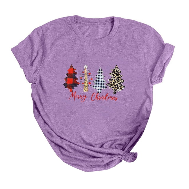 Gibobby Camisas de Navidad para mujer Camiseta de Navidad para mujer, camisetas gráficas divertidas, camisetas informales de manga corta para fiesta(Morado,XG)