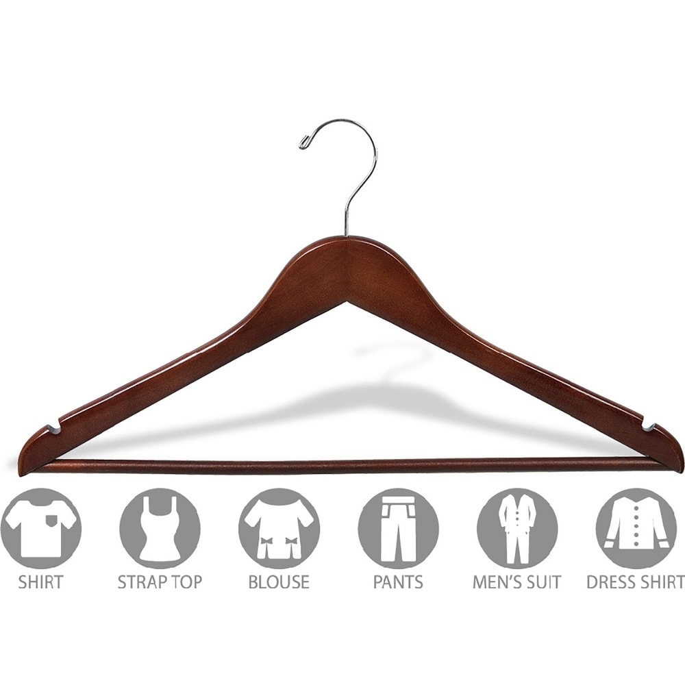 International Hanger, Walnut Wood Suit Hanger with Wooden Solid Bar, 50 Pack