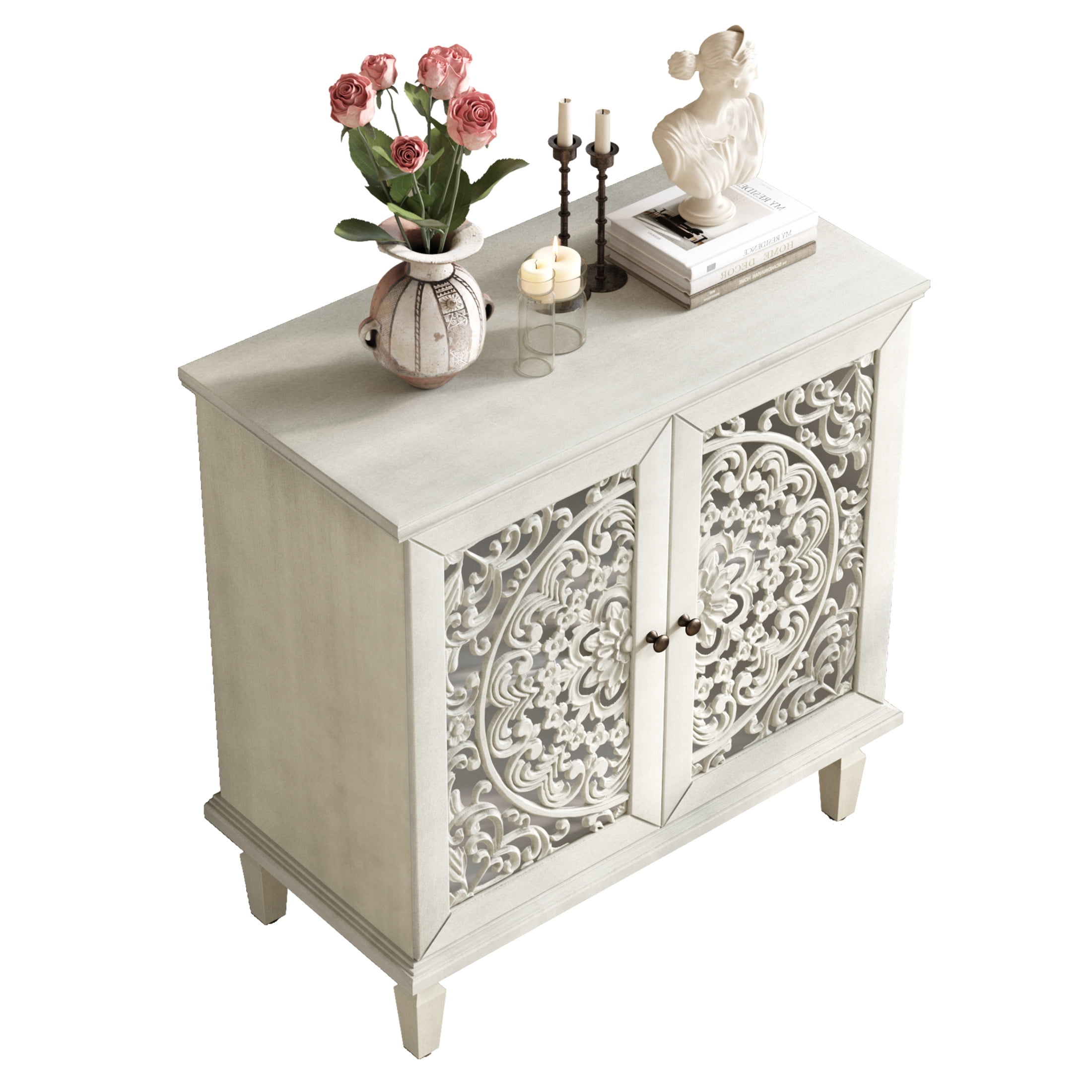Noble house Vintage Hollow-Carved Accent Cabinet, 2-Door Sideboard, Adjustable Shelf & Solid Wood Legs,Antique White