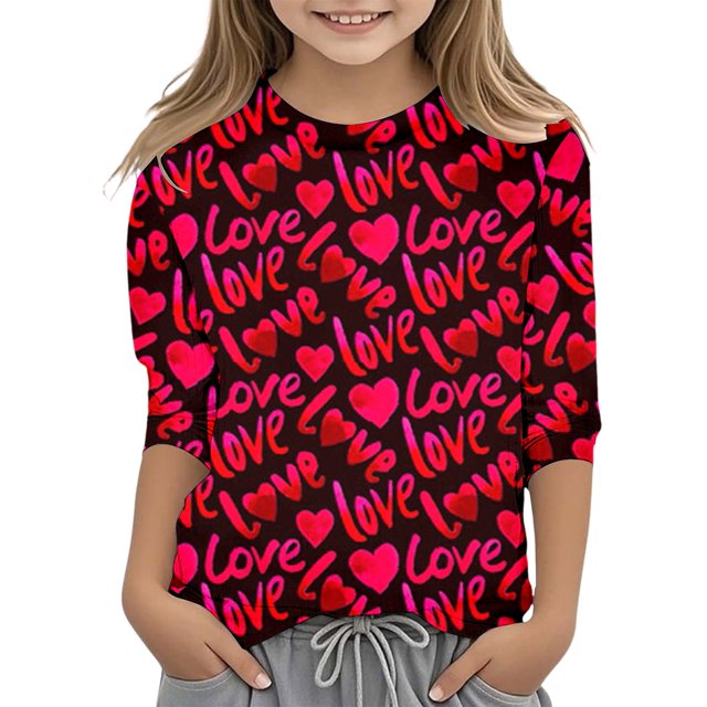 PMVFHDE T-Shirts Graphiques pour Filles T-Shirts Graphiques pour Filles T-Shirts à Manches Courtes pour Filles Hauts d'Été Mignons T-Shirts Imprimés de la Saint-Valentin pour Filles Col Rond Fonctionnel Manches 3/4 Rouge, 13-14 Ans