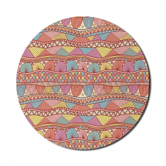 Ethnic Mouse Pad for Computers, Colorful Pattern Swirls Striped Abstract Hand Drawn Artwork, Round Non-Slip Thick Rubber Modern Gaming Mousepad, 8" Round, Multicolor, by Ambesonne
