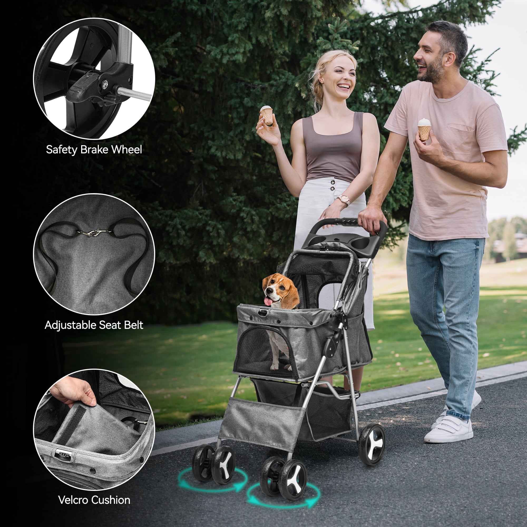 Dextrus Dog Stroller for Medium Small Dogs, Foldable Pet Stroller with 360° Rotation Wheel, Cat Kitty Puppy Stroller with Storage Basket (Gray)