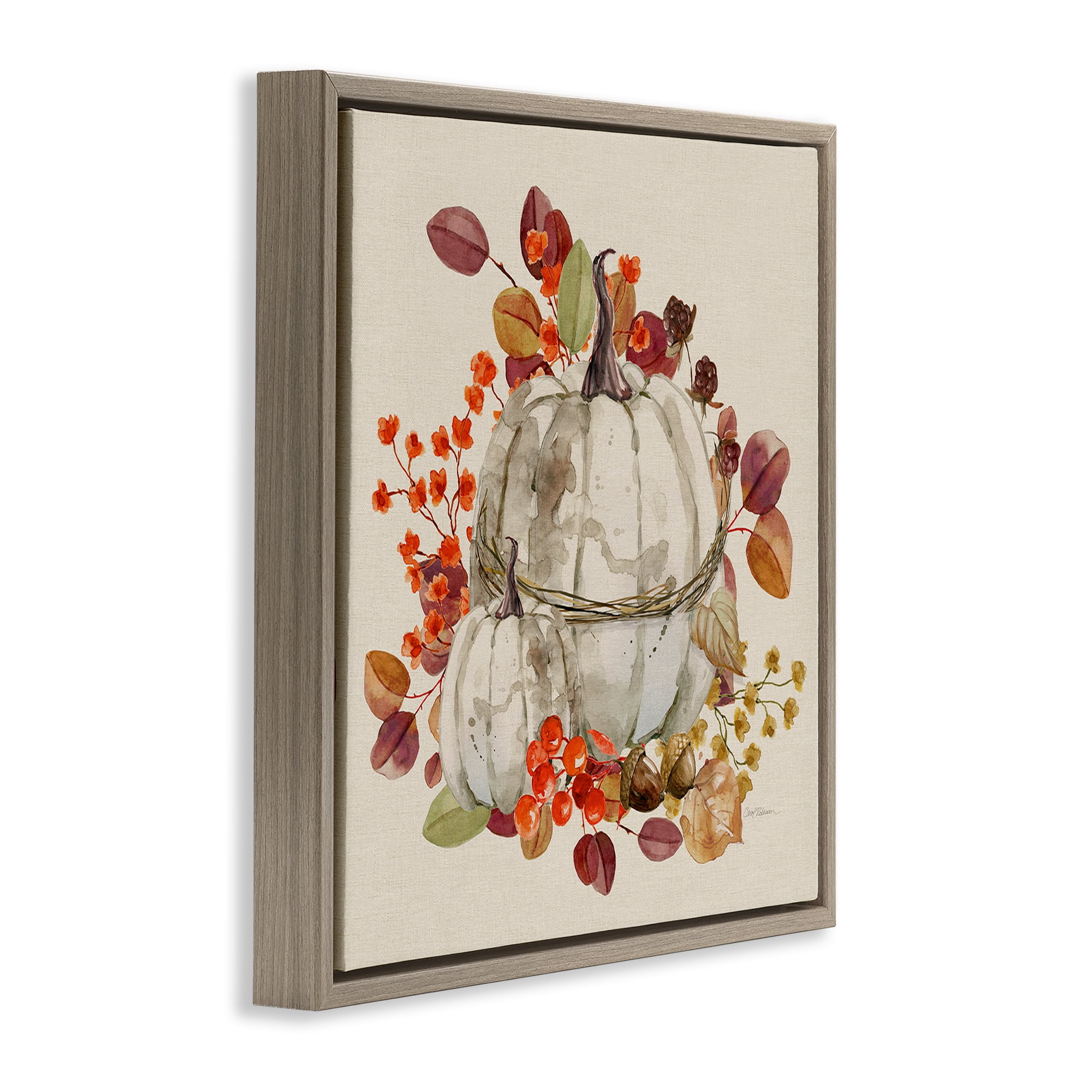 Stupell Industries Seasonal Pumpkin & Leaves Botanical & Floral Painting Brown Floater Framed Canvas Art Prints Wall Art, 25 x 25