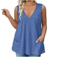 thumbnail image 2 of Gamivast Summer V Neck Tank Tops Solid Color Sleeveless Shirt with Pockets Loose Fit Flowy Shirts Casual Vacation Beach Blouses BlueL Camisas Para Mujer, 2 of 6
