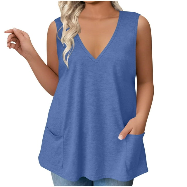 BLVB Womens Plus Size Tank Tops Summer Sleeveless T-Shirts V Neck Tops Casual Loose Tunics Shirts with Pockets
