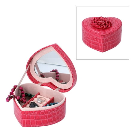 Rose Red Faux Leather Valentine Heart Shaped Trinket Fashion Jewelry Organizer Box Storage with 3D Flower Top and Mirror Mothers Day Gifts
