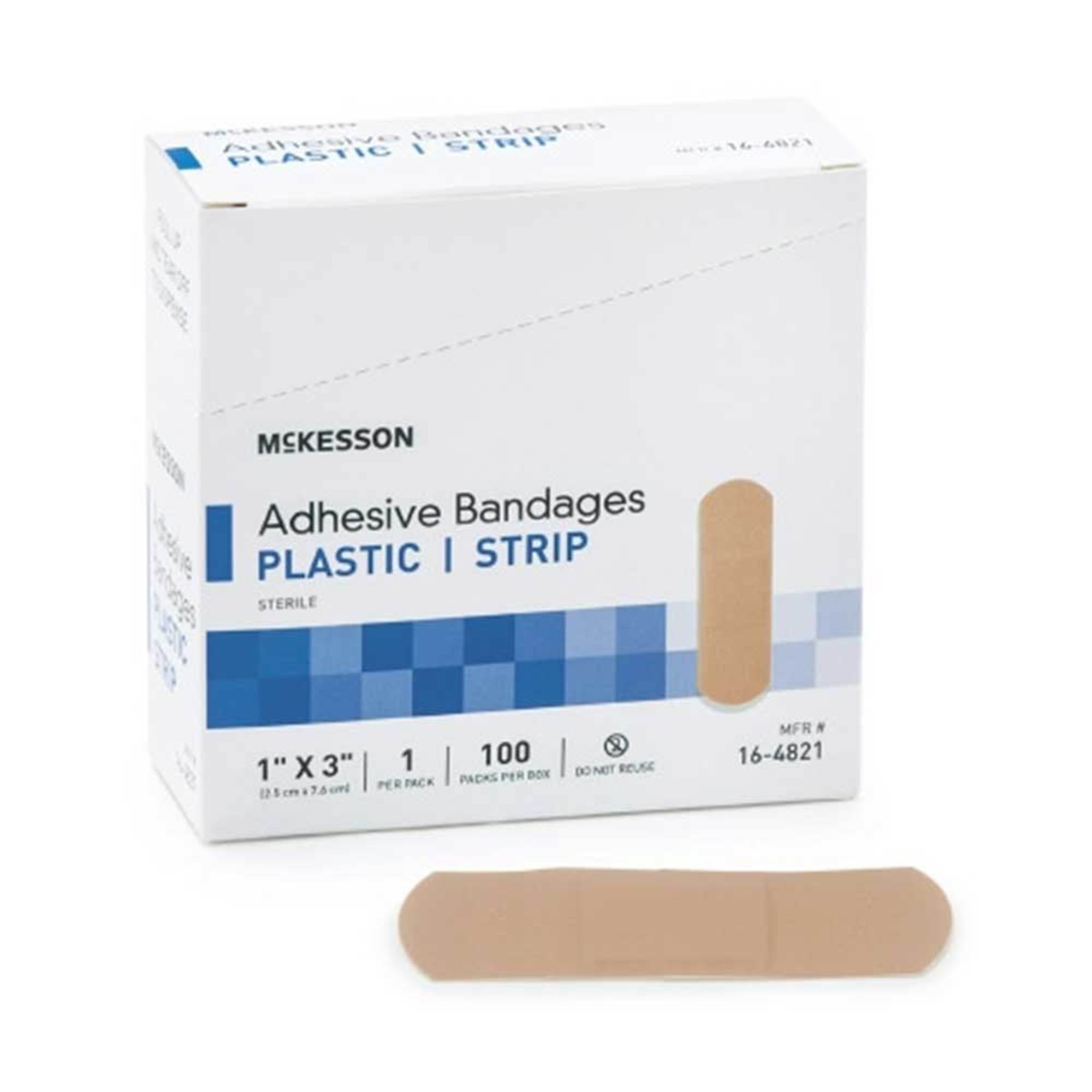 Mckesson 164821 Adhesive Strip Bandages 1 X 3 Inch Plastic Rectangle Tan Sterile Box of 100