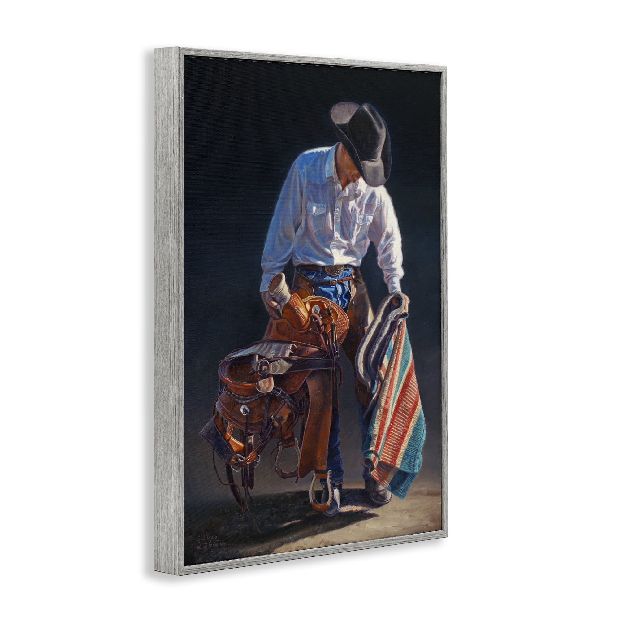 Stupell Industries Stoic Cowboy & Saddle Novelty Painting Gray Framed Art Print Wall Art, 20 x 30