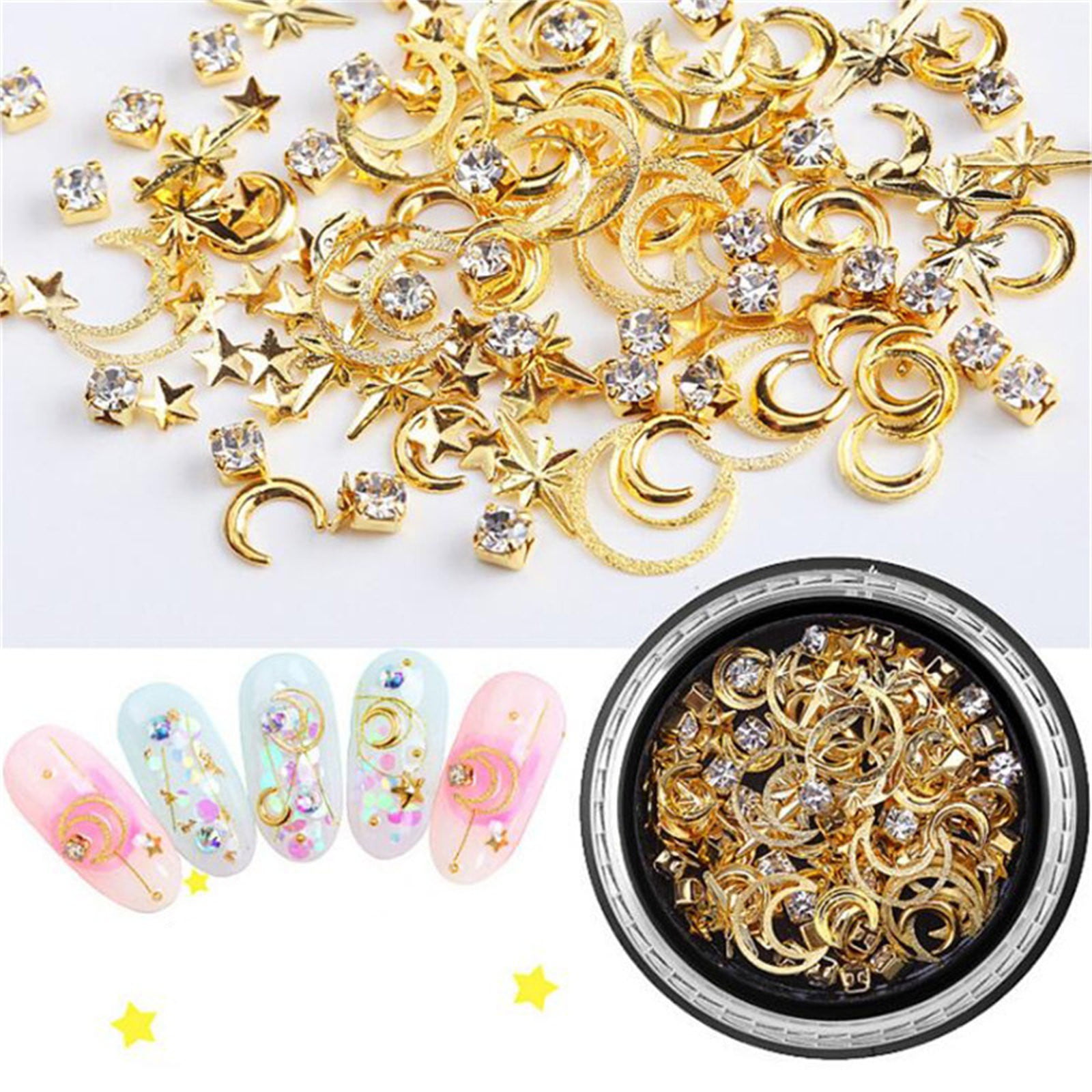 WEILUSI 6 Boxes 3D Gold Nail Studs Nail Rivets Set Hollow Moon Star Shapes  Nail Jewelry Gold Sliver Rose Gold Nail Charms for Manicure DIY Nail Art