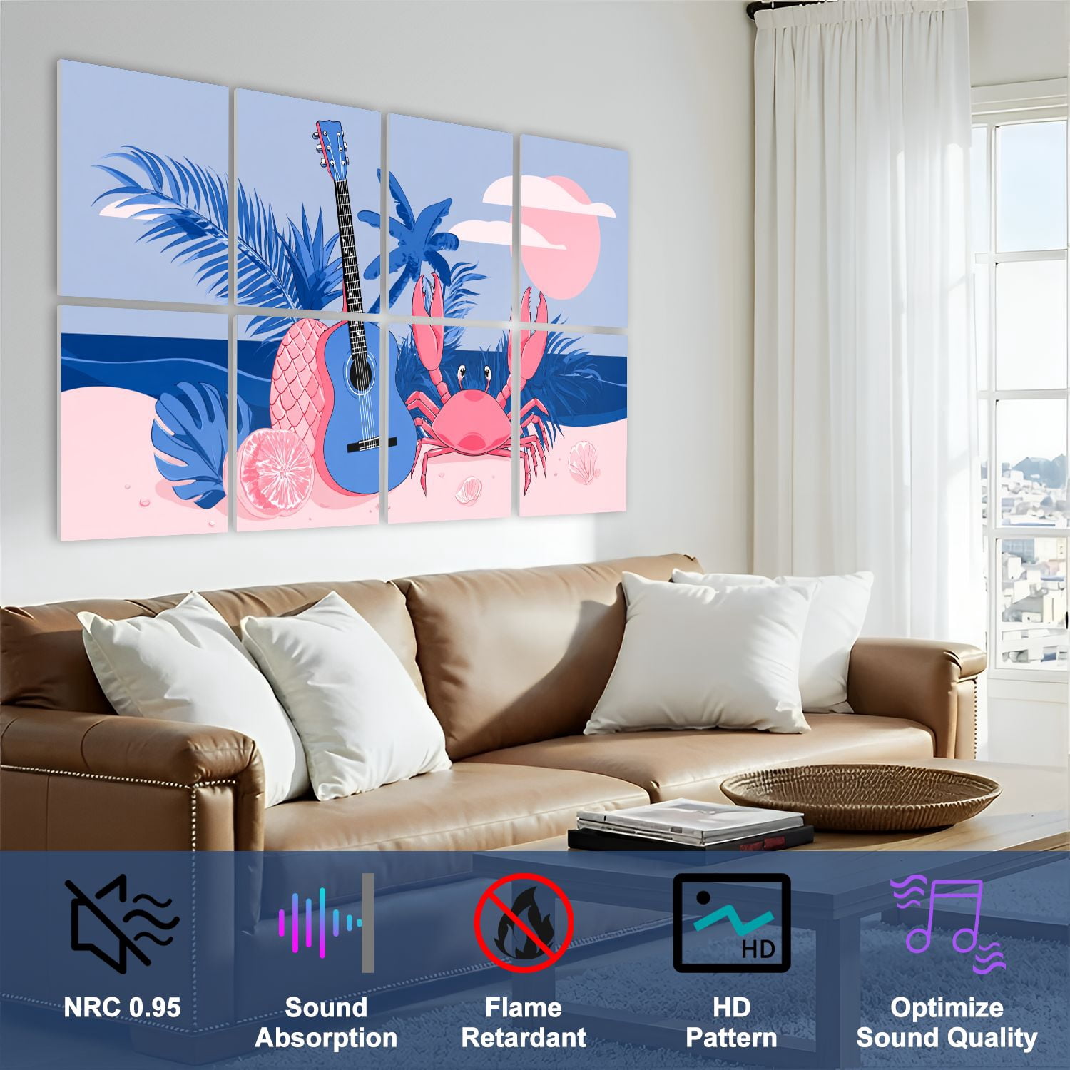8 Pack Art Acoustic Panels Sound Absorbing Vacation Tropical Country Rustic Decor Figures Guitar Pineapple Crab Decorative Soundproof Wall Panels Self Adhesive for Nursery Game Room Bedroom 48"x32"