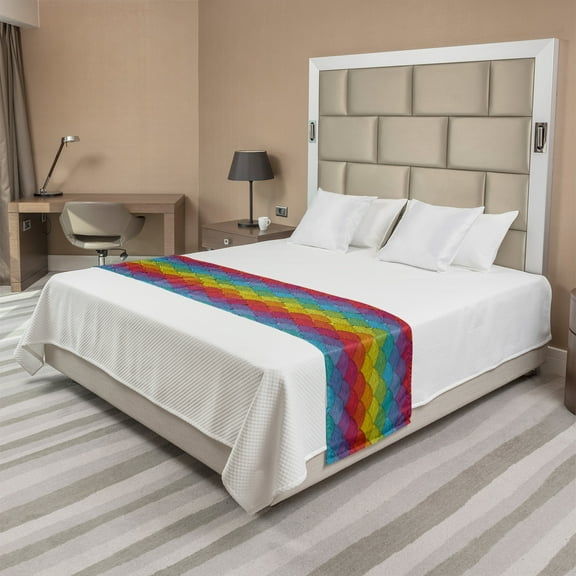 Abstract Bed Runner, Geometric Colorful Waves Seigaiha Pattern, Decorative Accent Bedding Scarf for Hotels Homes and Guestrooms, King, Multicolor, by Ambesonne