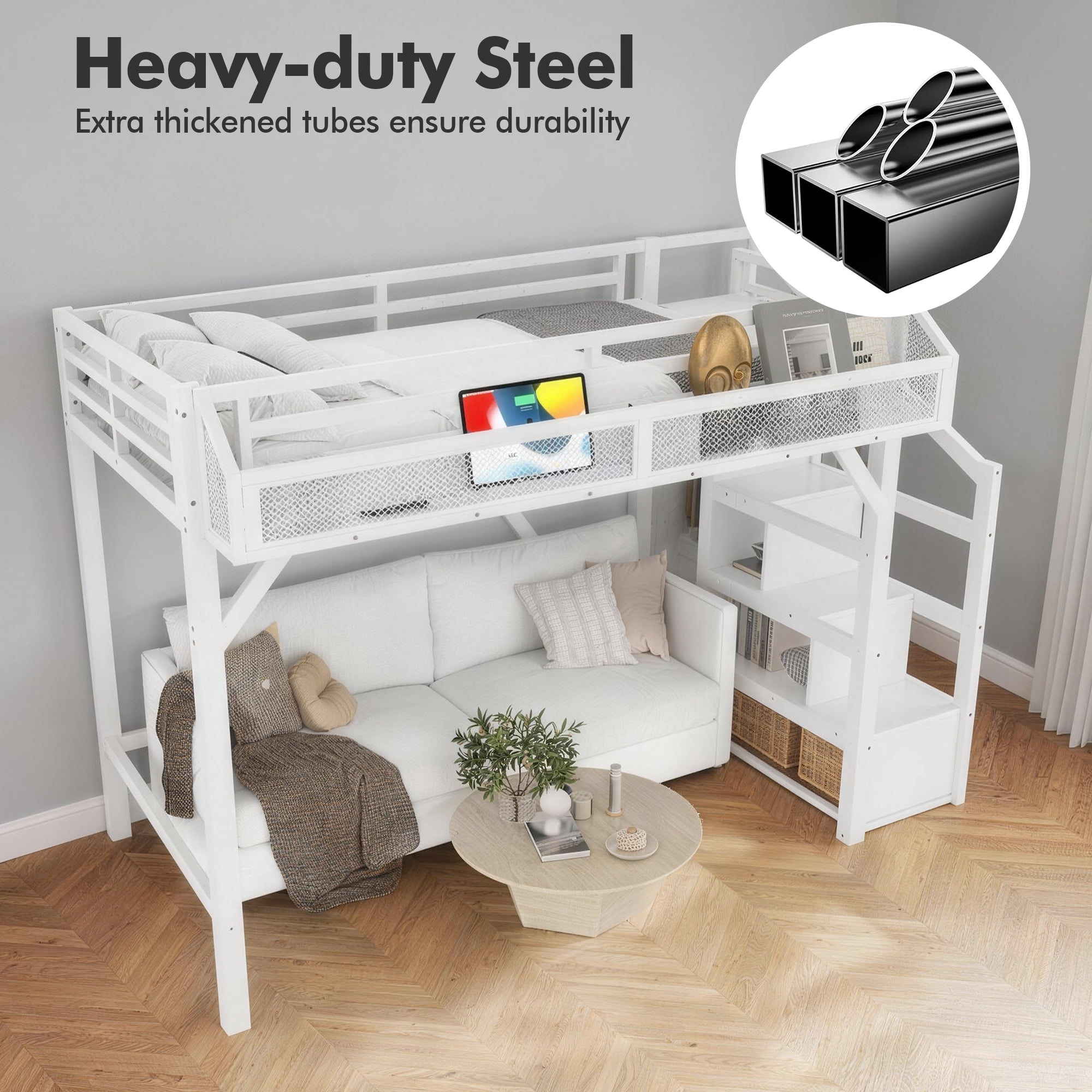 Aukfa Twin XL Metal Loft Bed with Storage Stairs, Shelves, Wardrobe, USB Ports & LED Lights, Heavy-Duty Bed Frame for Adults & Kids, White