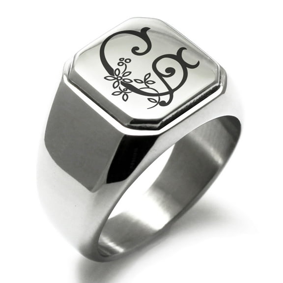 Stainless Steel Letter G Initial Floral Monogram Engraved Engraved Square Flat Top Biker Style Polished Signet Ring
