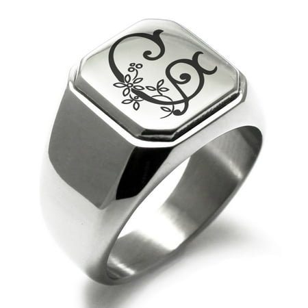 Initial Signet Ring - Stainless Steel Letter G Initial Floral Monogram Engraved Engraved Square Flat Top Biker Style Polished Signet Ring