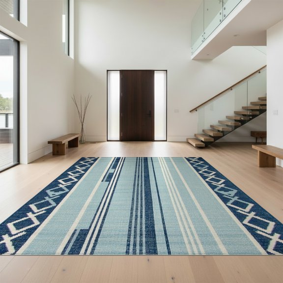 Design&I 8'x10' Washable Area Rug Sleek Flatweave Pet Friendly Recycled Herringbone Diagonal Contemporary Nautical Navy for King Size Bedroom, Under Bed