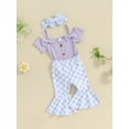 thumbnail image 3 of Suealasg Baby Girls Summer Flare Pants Outfits Short Sleeve 3D Bow Romper + Elastic Waist Flare Pants + Checkboard Headband Toddler Newborn Girls Summer 2 Piece Set, 3 of 9